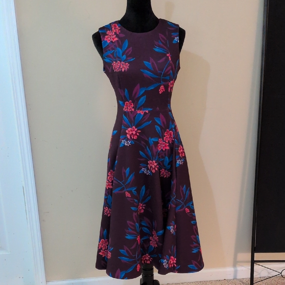 Calvin Klein Plum Midi Dress with Blue and Pink Floral Print